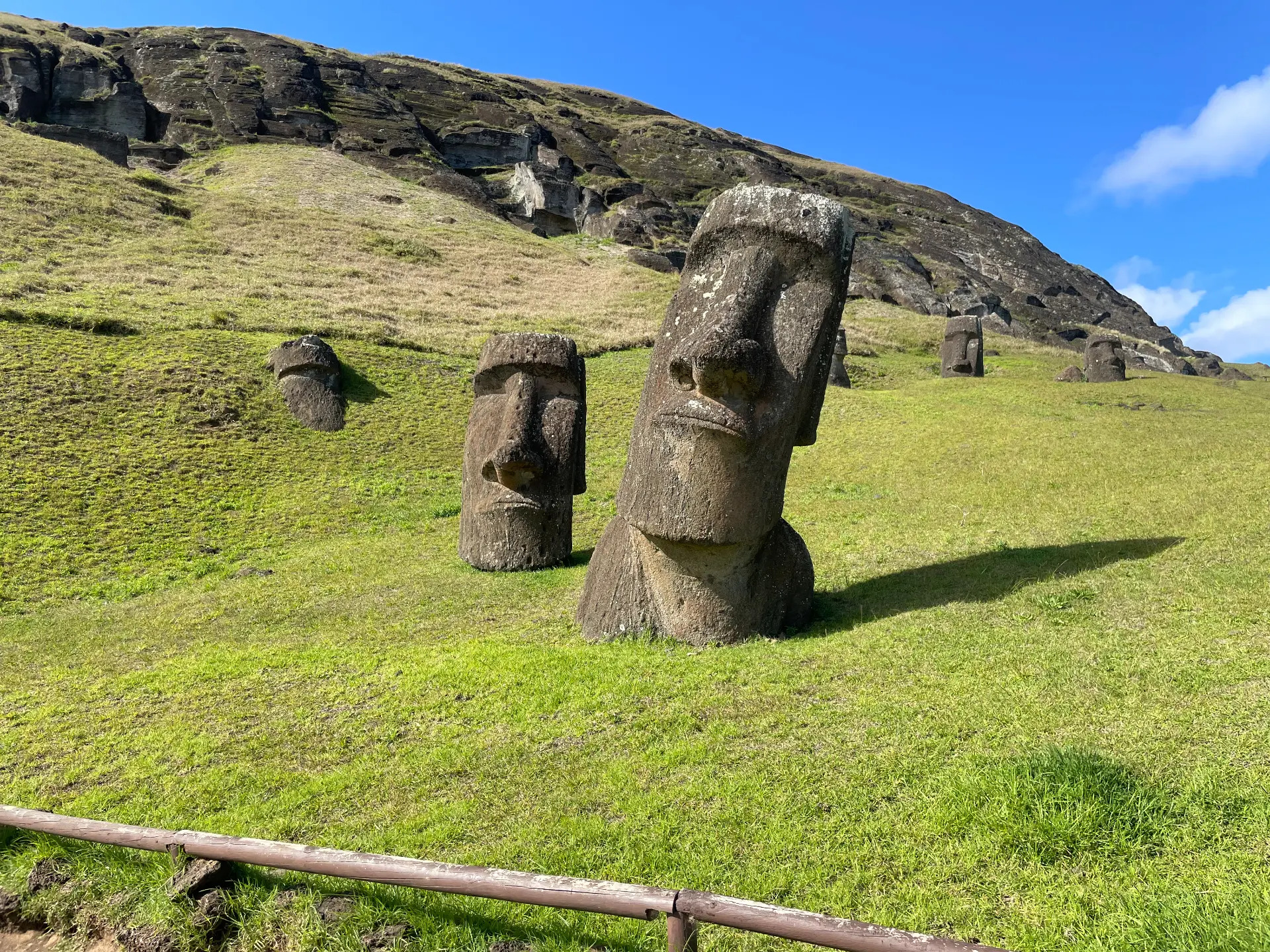 Two moai heads on the grassy slope of Rano Raraku