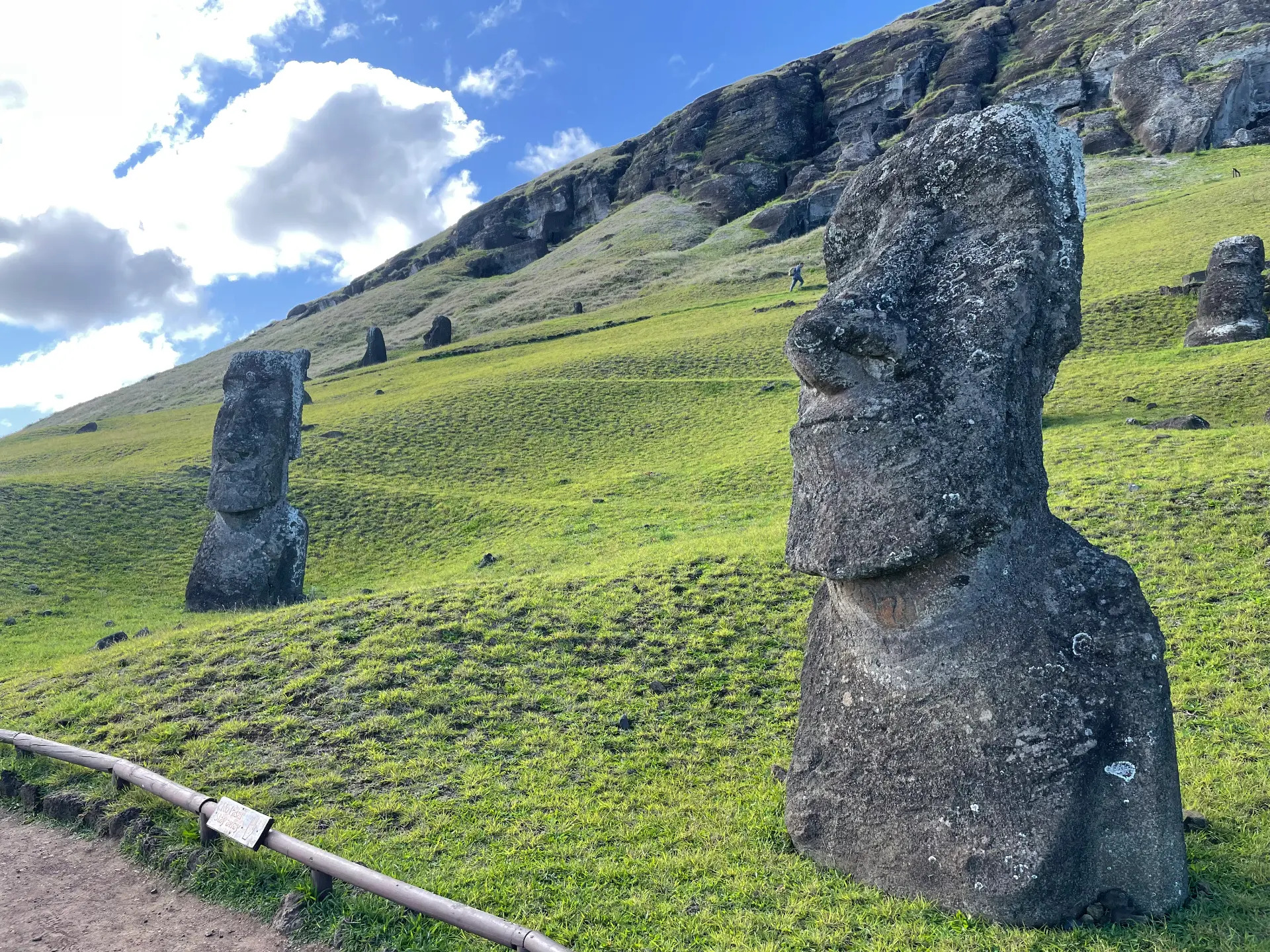 A moai head in side light on the slope of Rano Raraku