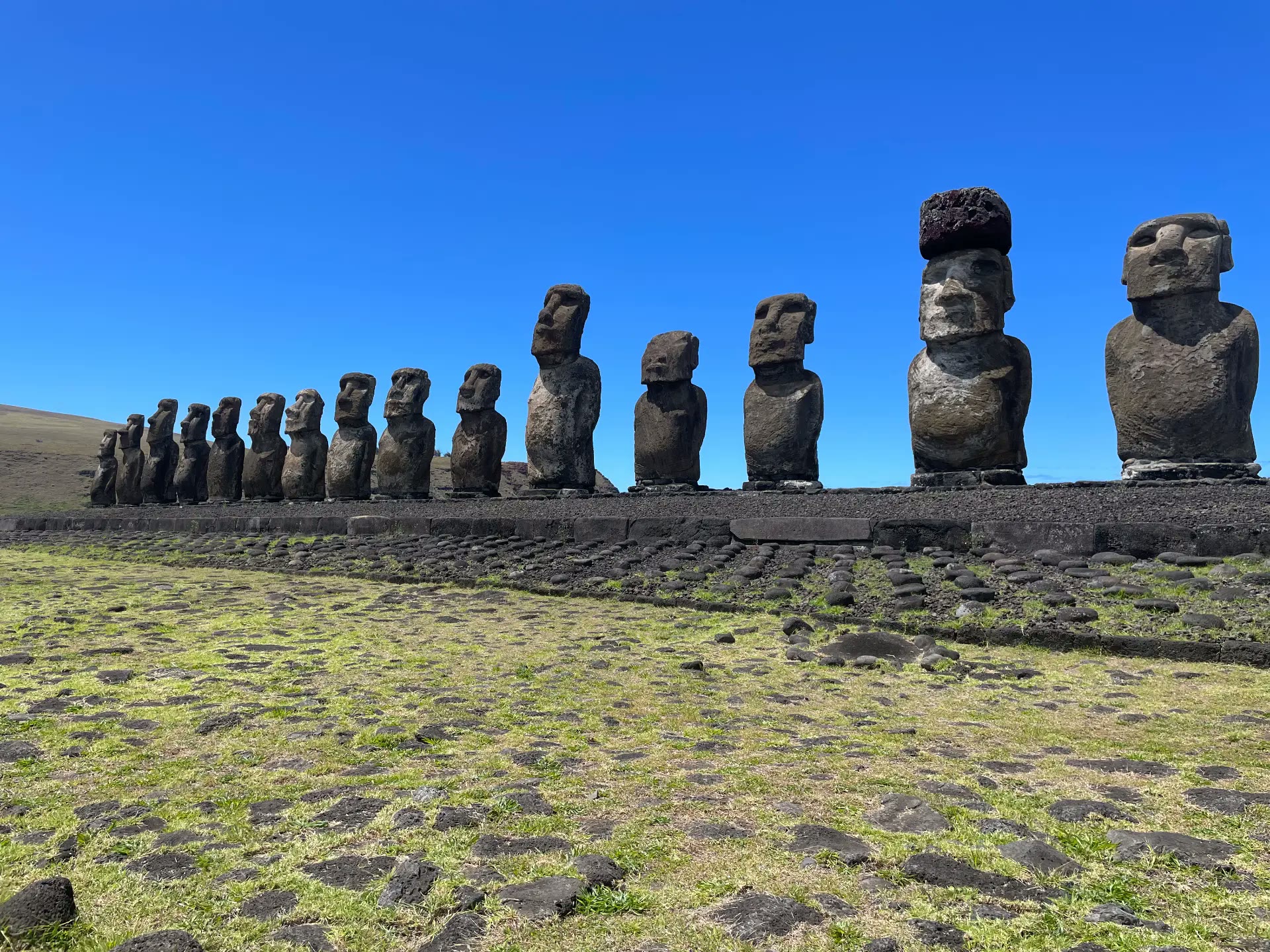 The fifteen moai of Ahu Tongariki under a blue sky