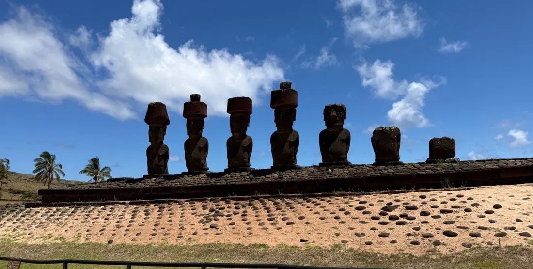 The moai of Ahu Nau Nau overlooking Anakena beach on Rapa Nui