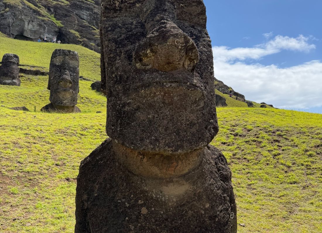 Moai carved into the volcanic slopes of Rano Raraku quarry